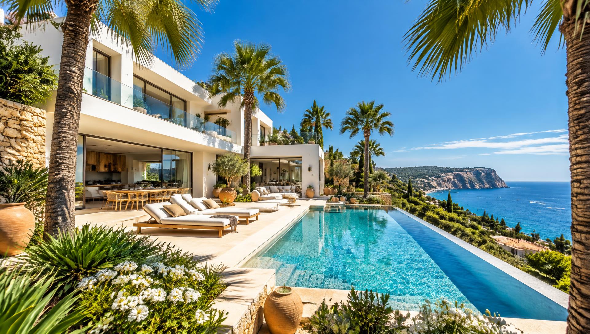 Moderne Luxus-Villa auf Mallorca mit Pool und Palmen bei strahlendem Sonnenschein